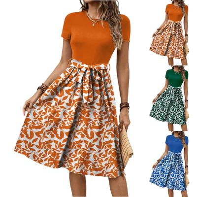 Women's Fashionable Retro Patterned Printing Color Blocked Belt Casual Dress