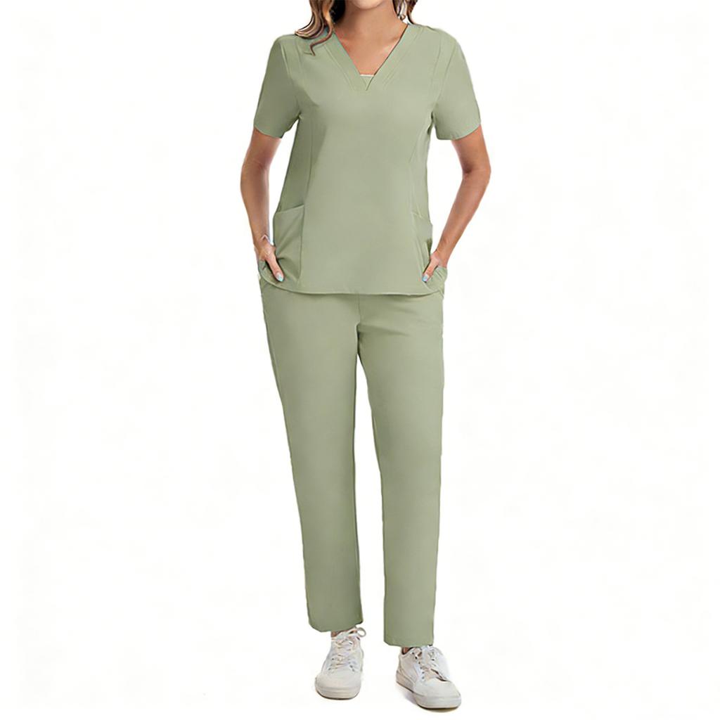 Ladies' Loose And Comfortable V-neck Short Sleeved Workwear With Multiple Pockets Suit Set