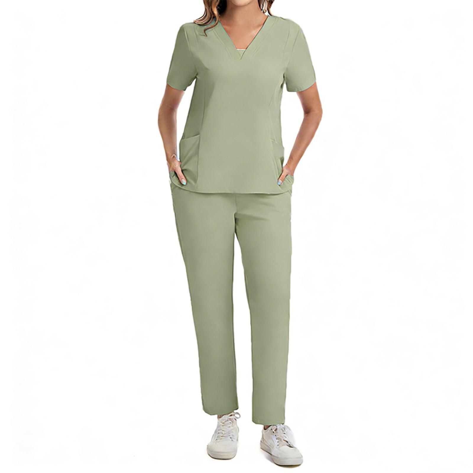 

Ladies Loose And Comfortable V,neck Short Sleeved Workwear With Multiple Pockets Suit Set XL