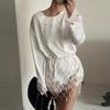 Lace Trim Long Sleeve T-shirt O-Neck Tunic Tops Fashion Beach Robe  Summer Wear
