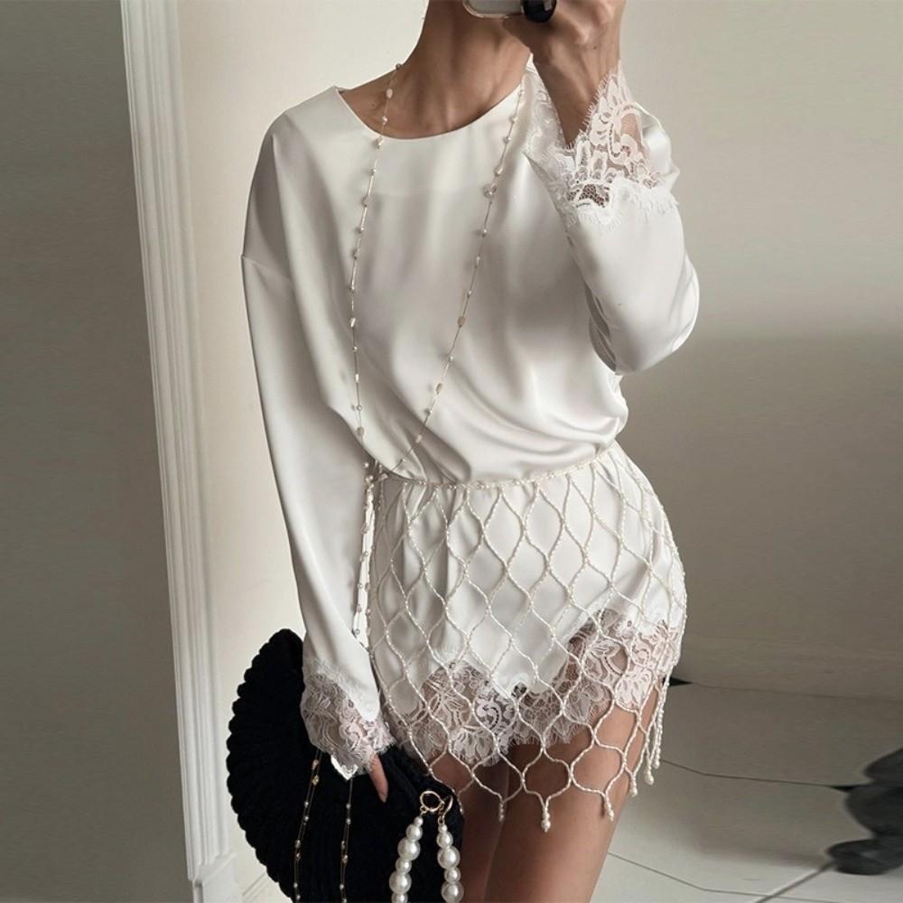 Lace Trim Long Sleeve T-shirt O-Neck Tunic Tops Fashion Beach Robe  Summer Wear