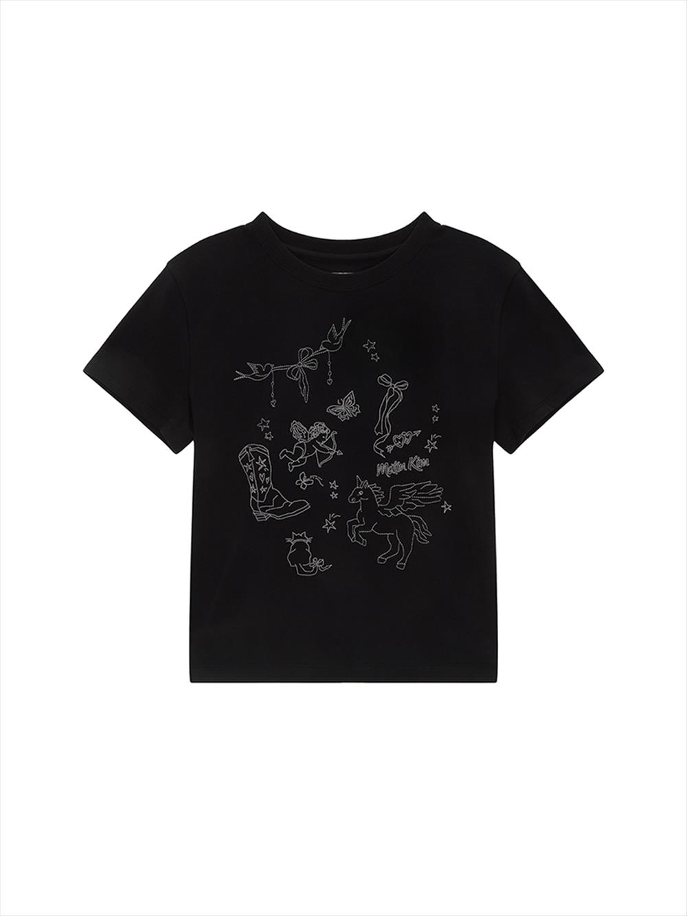 [Matinkim] Kitsch Printing Crop Top S-BLACK