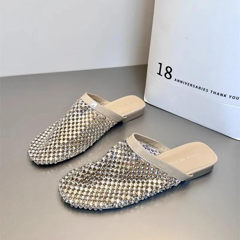 

Fashion 2025 Summer Fashion Closed-Toe Crystal Mesh Slippers Cushion Bestseller Women s Comfy Outdoor Glitter Slides New Flat Slippers 40 абрикосовый