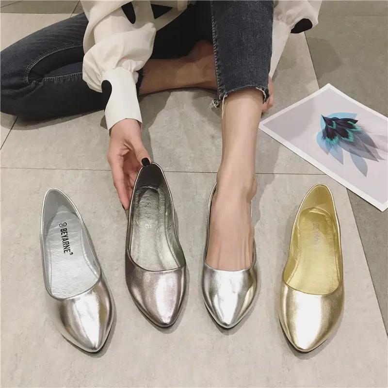 Fashion Women Flat Shoes Flat Bottomed Pointed Shallow Mouthed Single Shoes Women's Glossy Soft Leather Sole Boat Shoe Floating Shoes