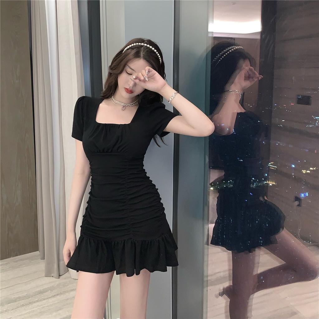 Spring and Summer Sexy Wrapped Hip Fishtail Dress Dress French Square Neck Slim Fit Slim Fold Wrapped Hip Ruffle Edge Dress