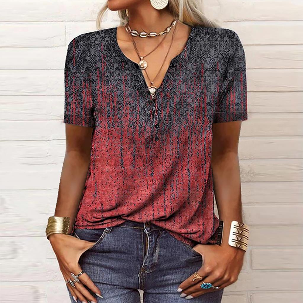 Women's Fashion Casual V-neck Short Seeve Ethnic Printing Button Loose Top