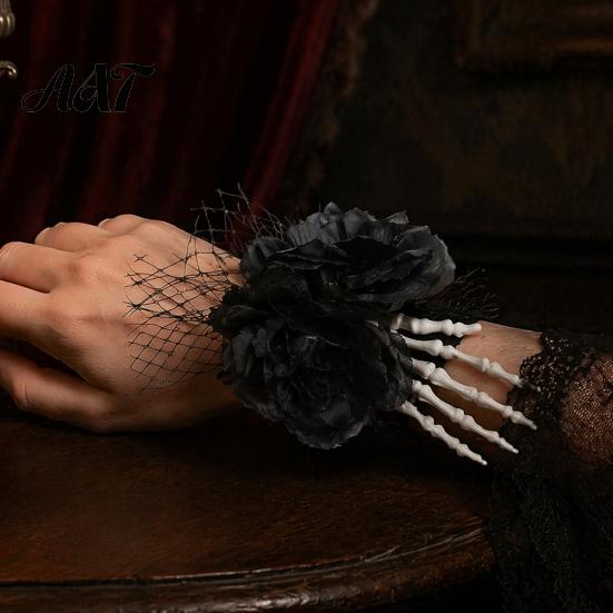 Festival Party Wrist Accessory Gothic Flower Corsage for Halloween Party, Black Wedding Corsage, Romantic Costume Decoration Floral Day of The