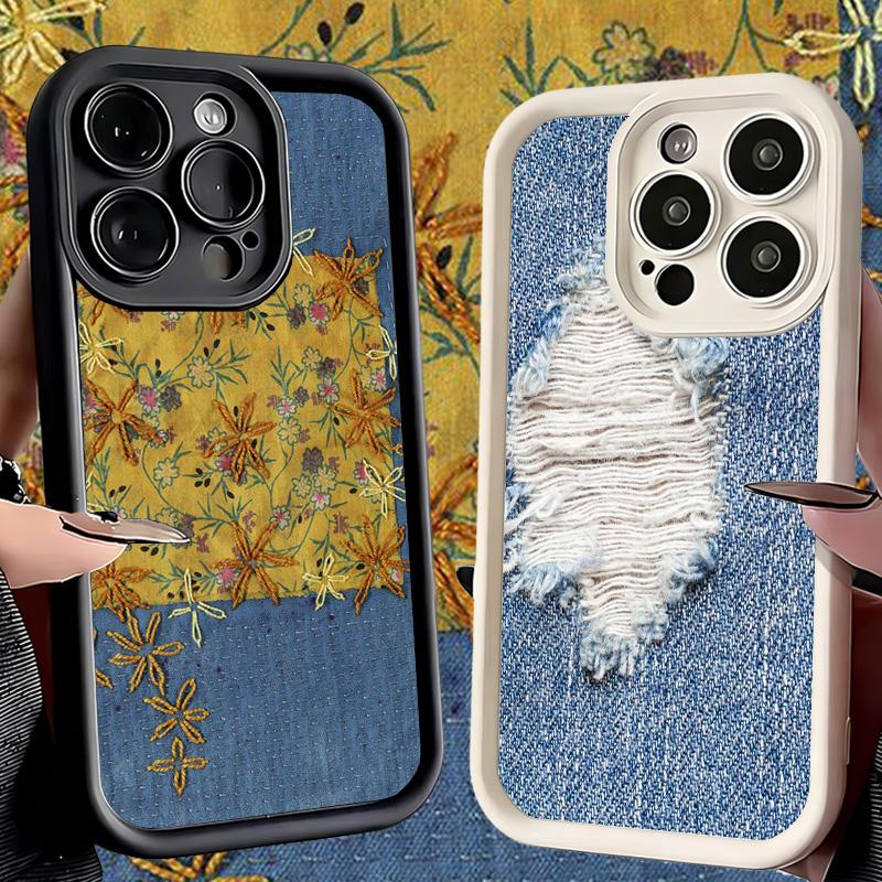 Phone Case for iPhone 17 Air 16E 15 16 Pro Max Retro Denim Pattern Cover 14 Plus 13 12 Mini Soft Shell Silicone Fundas