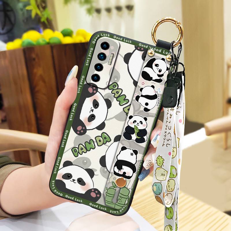 Fashion Design Cute Phone Case For Tecno Camon17P Phone Holder Cartoon Back Cover Shockproof Panda Silicone Ring Lanyard