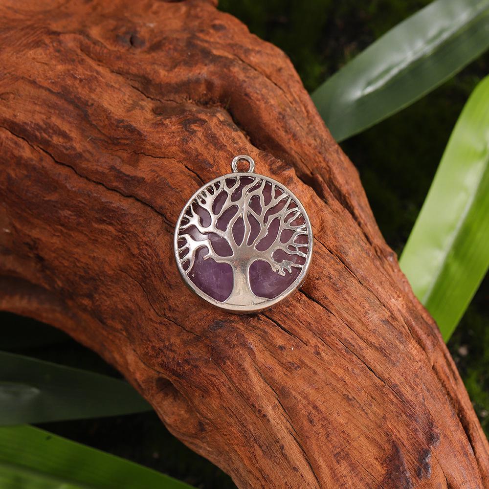 Cross Hollow Life Tree Pendant: Natural Crystal Agate Money Tree Necklace, Natural Stone Round Wishing Tree Pendant.