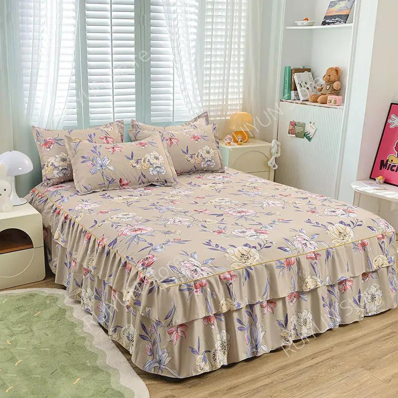 Dvouvrstvá postelová sukně, protiskluzový chránič matrace, květinový tištěný princeznovský přehoz, přehoz na postel, prostěradlo, dekorace
