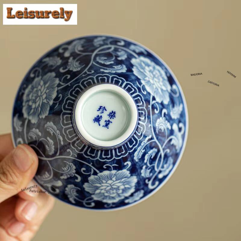 91ml Blue And White Lotus Peony Teacup Handmade Tea Bowl Jug Tea-tasting Personal Cup Jianzhan Master Cups For Tea Decoration