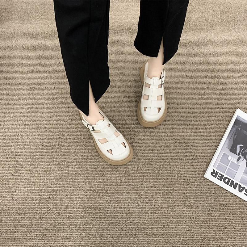 College Wind Small Leather Shoes Female Hollow Breathable Summer Thick -Soled French Niche Single Shoes Roman Sandals Ins Fairy Wind