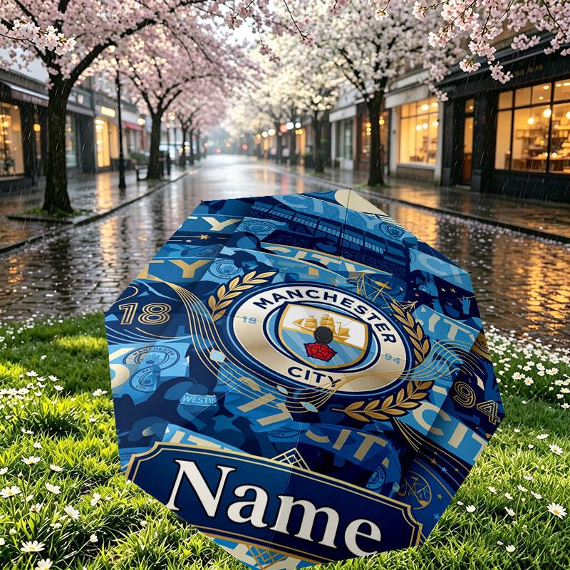 Custom Name Personalized Manchester City Print Umbrella, Auto Open Close, 8‑Rib Sturdy Frame, Commute Camping Hiking Use, Birthday Gift