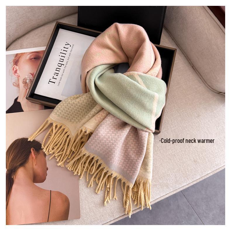 Dubbelzijdige damessjaal: Herfst/Winter Koreaanse Stijl, High-End Mode, Zachte Nekwarmer, Dikke Kwastensjaal
