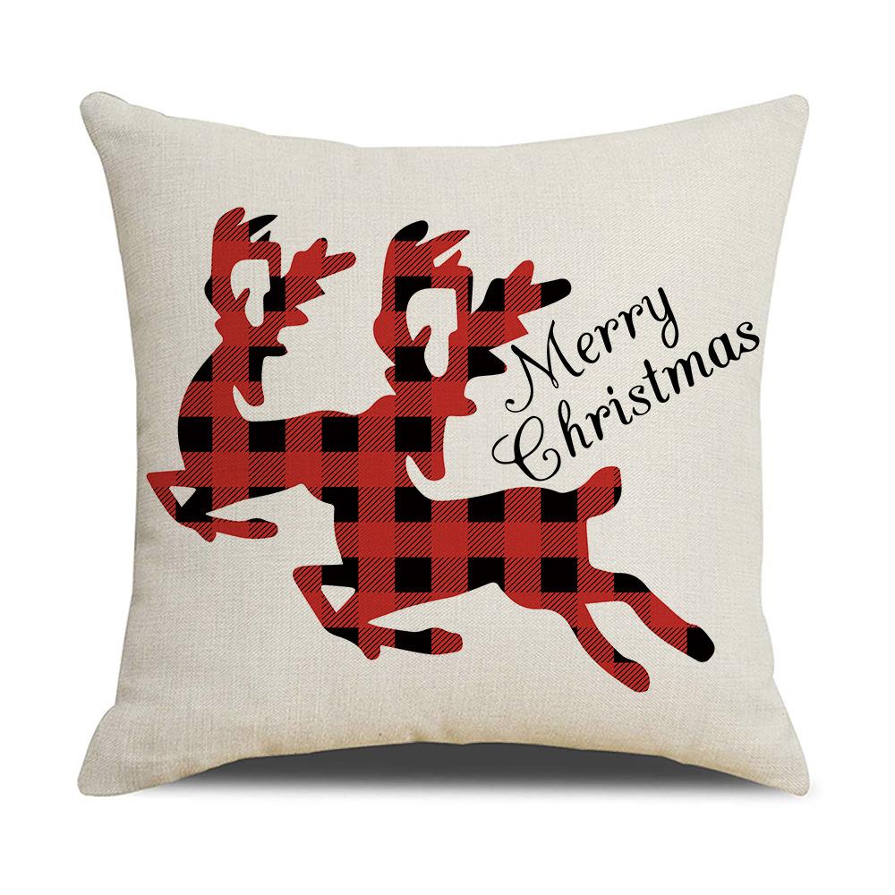 Red and Black Christmas Throw Pillow Cover Linen Print Christmas Elk Sleigh Pillow Sofa Cushion Cover