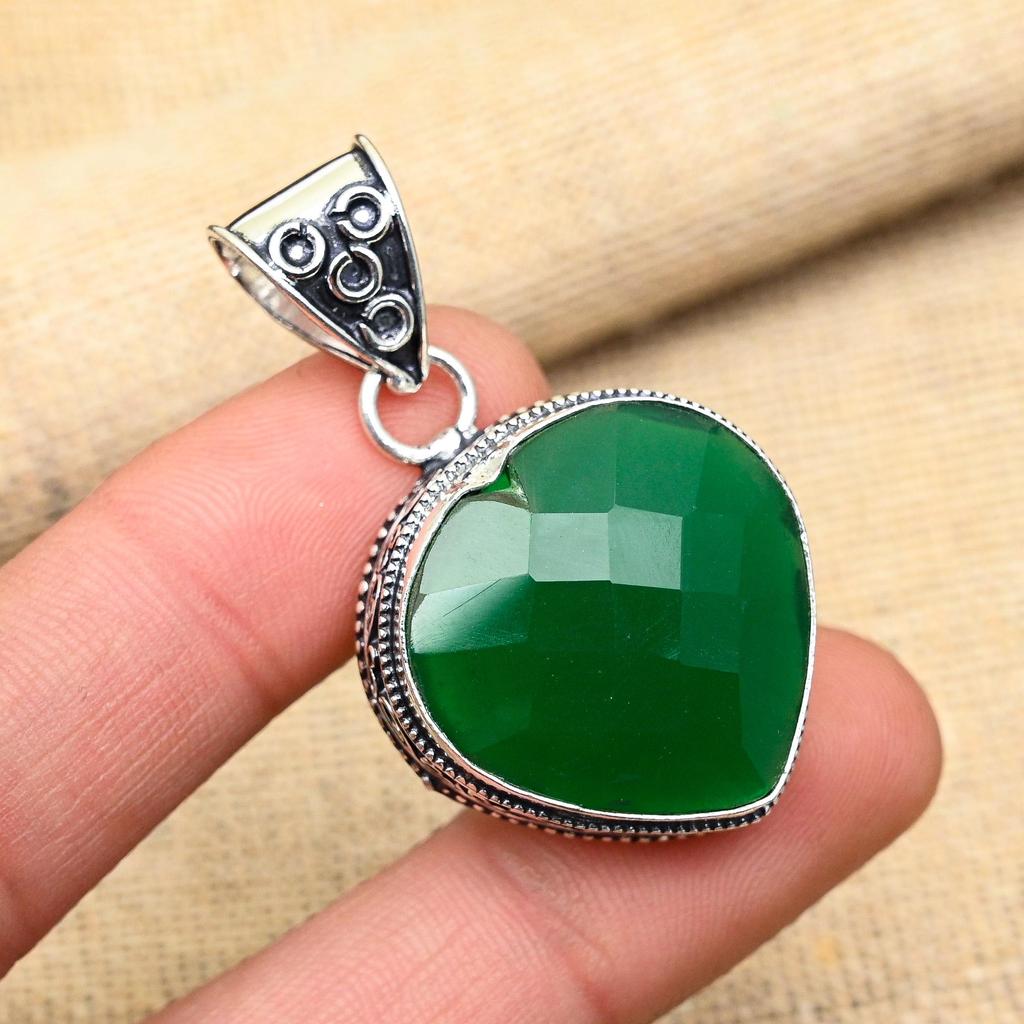 Heart Shape Green Onyx Gemstone Handmade 925 Sterling Silver Jewelry Pendant For Women