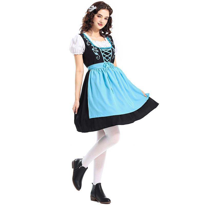 Oktoberfest Costume Womens Blue Embroidered Dirndl Dress Traditional Bavarian Beer Festival Workwear
