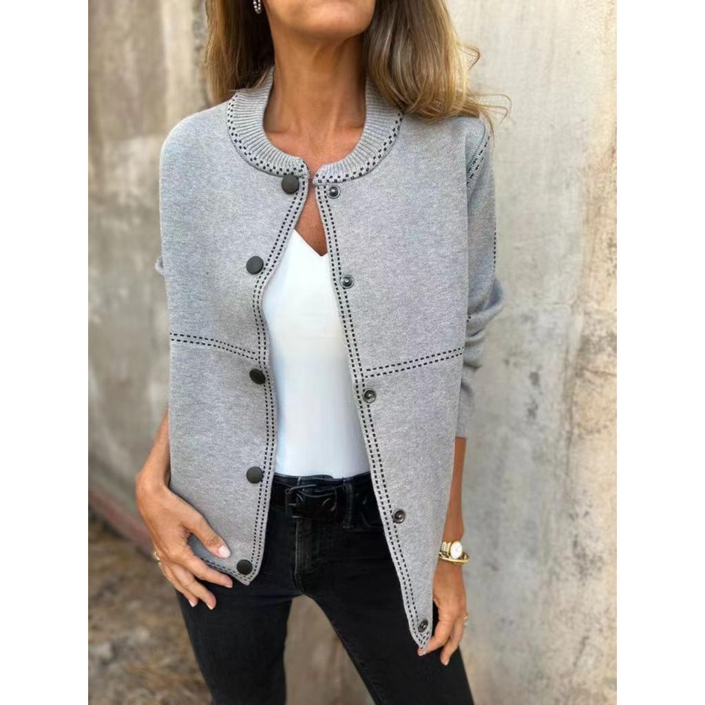 2025 Autumn Winter New Striped Loose Round Neck Button Long Sleeve Versatile Sweater Coat for Women