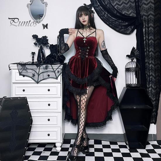 Women Cosplay Dress Dark Style Halloween Party Costume Lace Patchwork Irregular Hem Sleeveless Tight Waist Ruffles Adjustable Waistline Straps