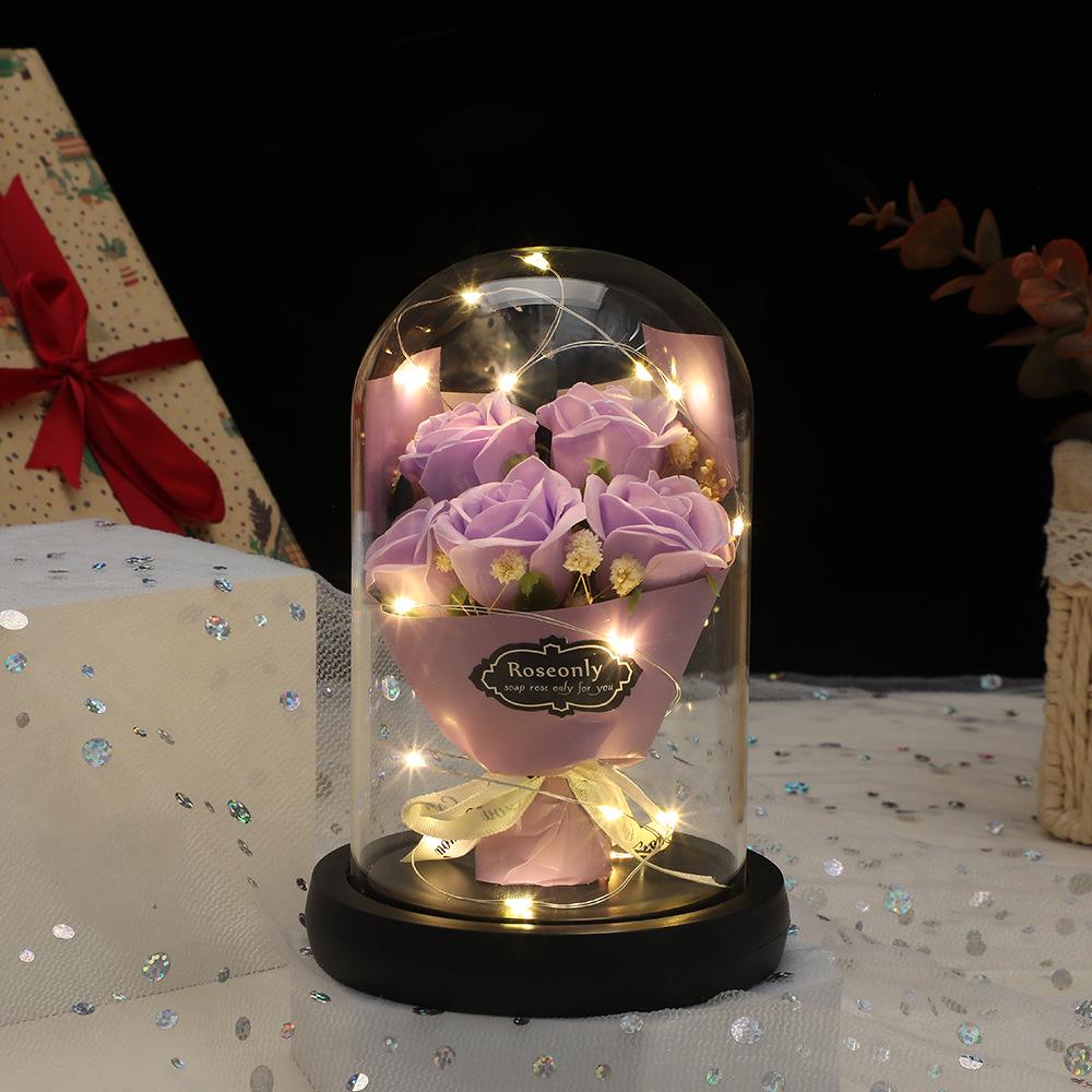 Valentine’s Day Gift: Preserved Rose Night Light Ornament with Artificial Soap Flower, Glass-Covered Souvenir.
