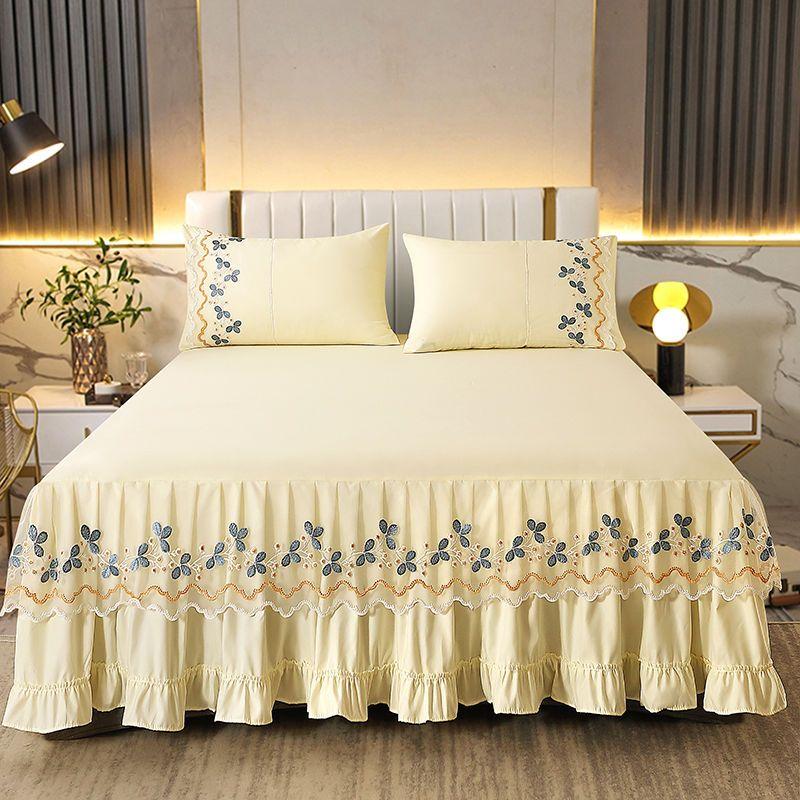 Solid Lace Embroidered Bedspread Mattress Protective Cover Polyester Bed Skirt Anti Slip and Dustproof Flounce Edge Bedsheet