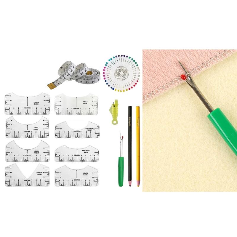 Different Sizes T-Shirt Ruler Guide Alignment Tool Including Soft Tape Measure, Seam Ripper, Sewing Pins