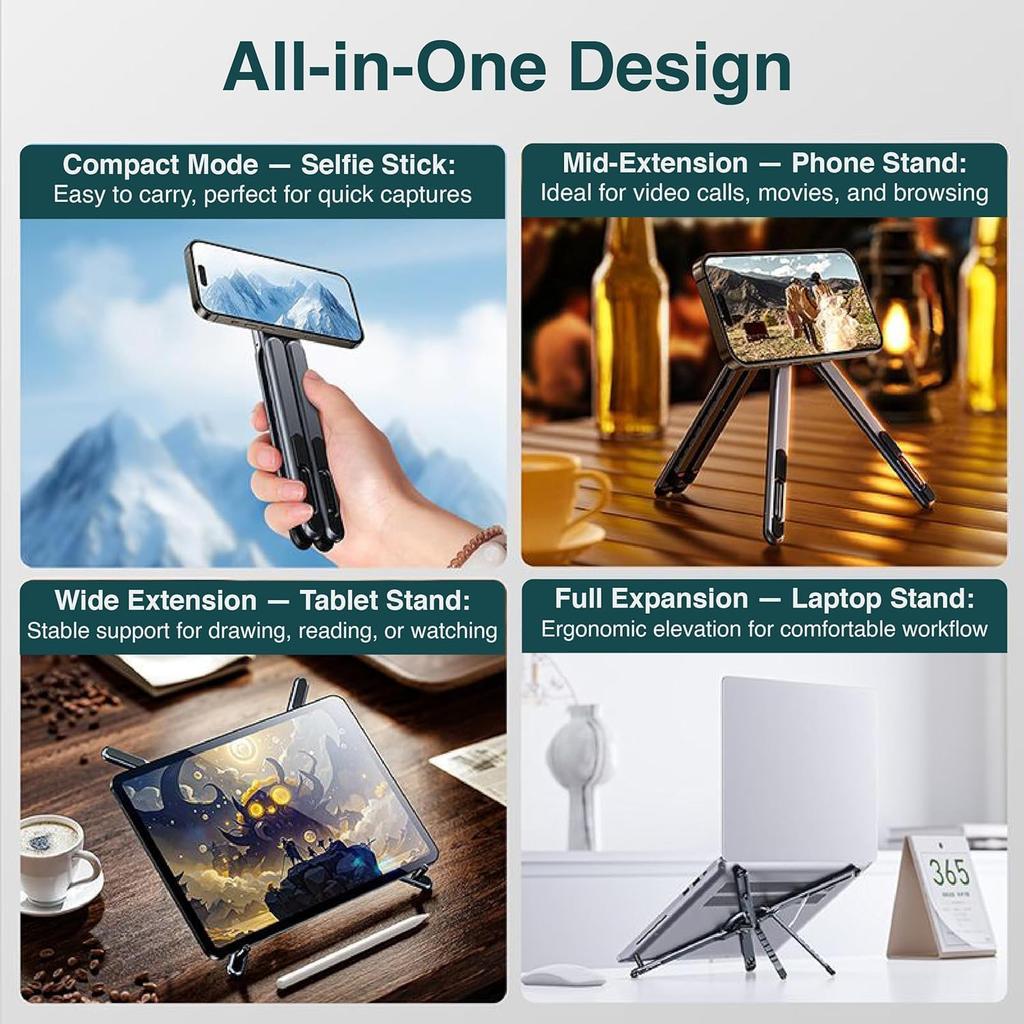 3-in-1 Adjustable Magnetic Foldable Laptop Stand Aluminium Ergonomic with Magsafe Tripod.
