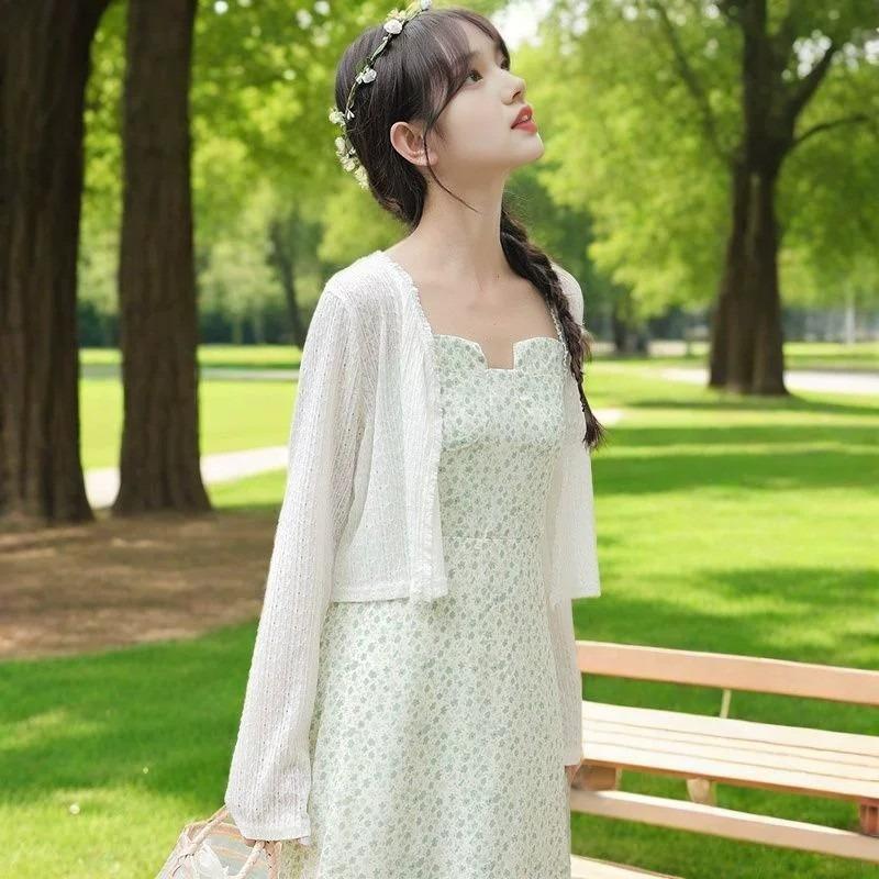Sunscreen cardigan women's spring clothing thin fat mm outer with small shawl with suspender skirt sweet short top