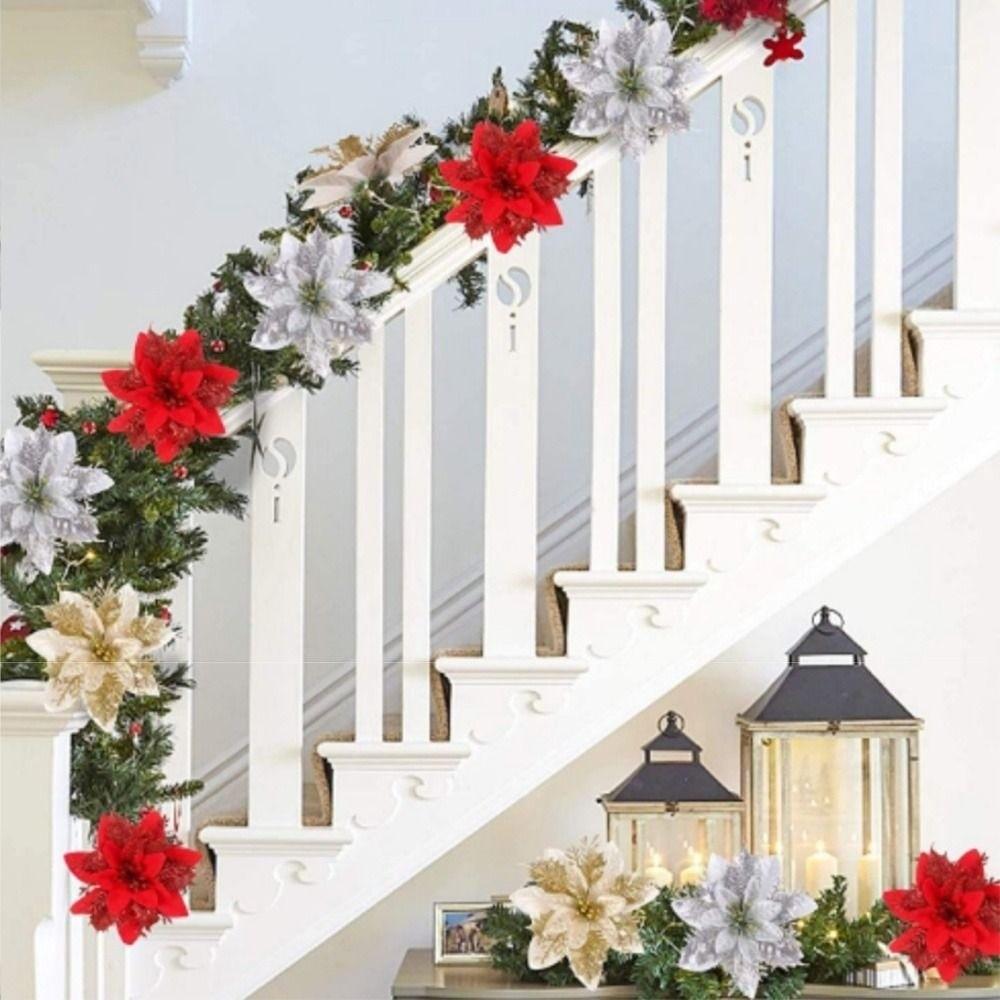 12Pcs With Clips Artificial Christmas Flowers with Stems Multi-color Glitter Xmas Tree Ornaments Widely Use Multi-functional