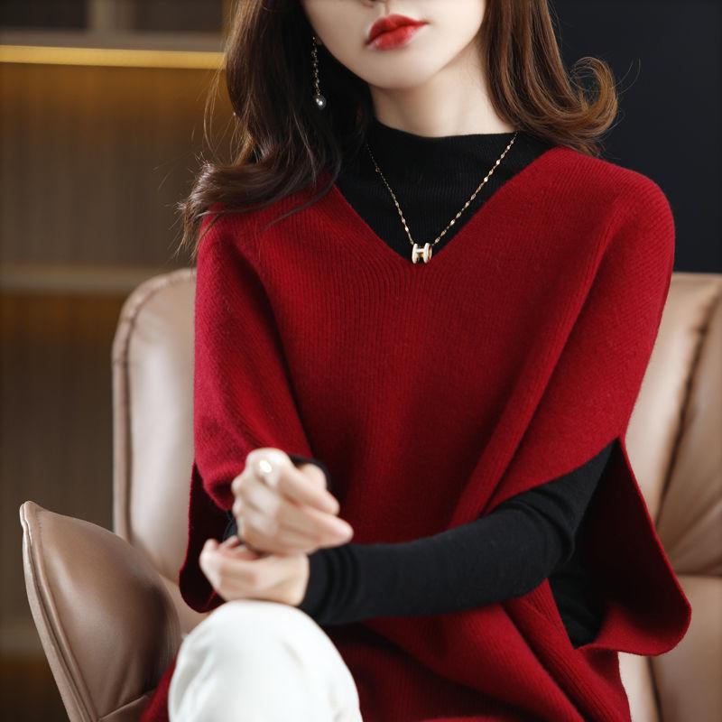 Autumn and Winter Plus Size Vest Women's V-neck Bat-sleeved Solid Color All-match Sleeveless Loose Outer Wear Knitted Women's Waistcoat