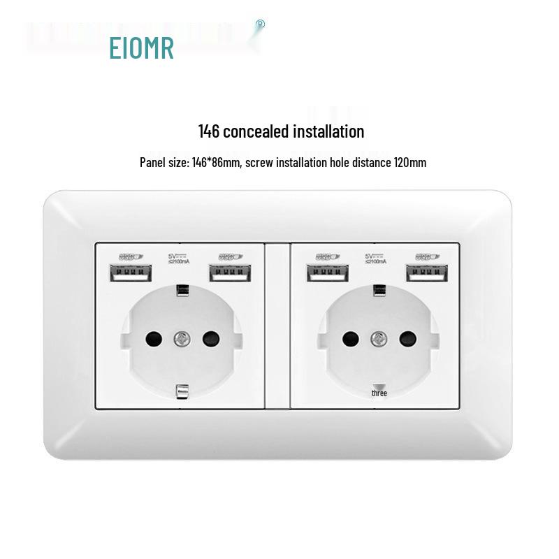 Curved White European Standard Socket Panel with Double USB & Type C, German Switch, Concealed Installation