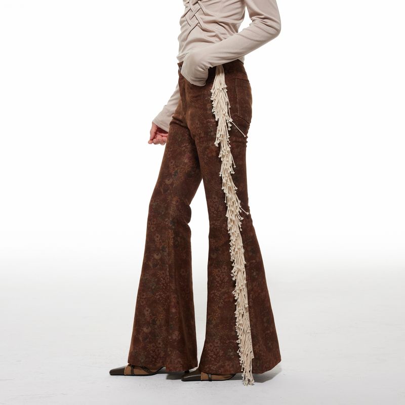 

Thelight Оригинальные брюки в стиле «отходы земли», коричневые с темным узором, цветочной текстурой, необработанным краем, женские брюки субкультуры Dark brown XL