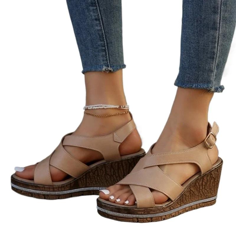 Fashion Wedge Sandals for Women Summer 2024Casual Non-slip Peep Toe Platform Shoes Rubber Sole Buckle Elegant Heel Woman Sandale
