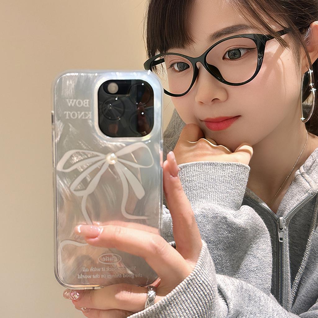 Stylish Laser White Pearl Bow Case for iPhone 15 Pro Max 14 13 12 11 All-inclusive Shock-proof Girl Case