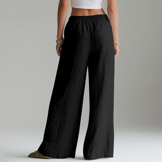 Damen Hose Hohe Taille Gerade Weiter Bein Lange Hose mit Elastischem Bund Tiefe Taschen Knitterarm Casual Hose