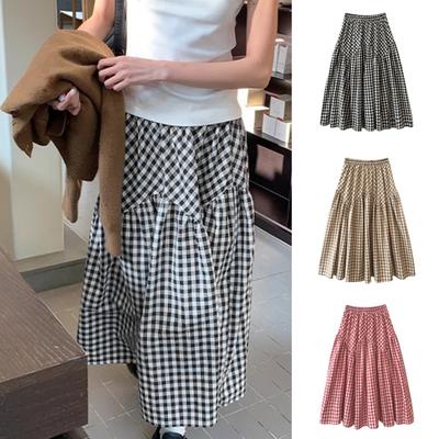 Damen Midirock mit Karomuster, Nähte, A-Linien-Rock, elastisch, hohe Taille, Retro-Stil, Swing-Rock für den Alltag