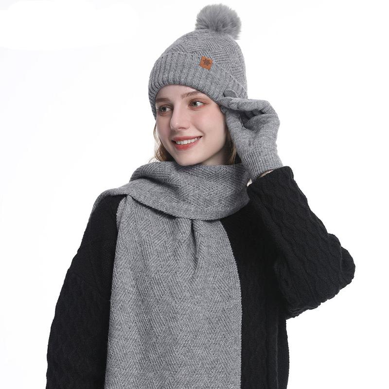 3pcs/set Hat Scarf For Women Gloves Set Outdoor Riding With Touch Screen Winter Pompom Hat Knit Beanie Fleece Lined