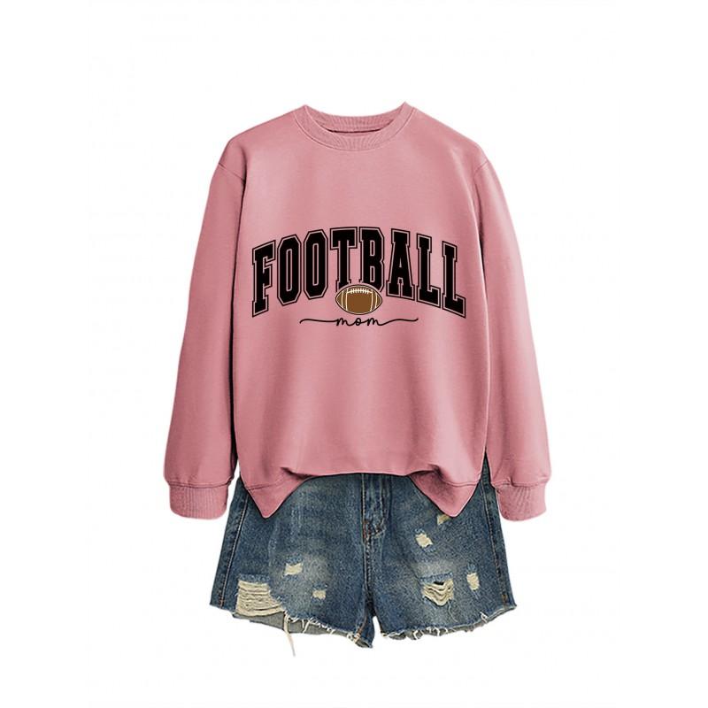 Womens Casual Round Neck Long Sleeve Cotton Sweatshirt With Football Mom Print - Loose Fit Plus Size S-XXL