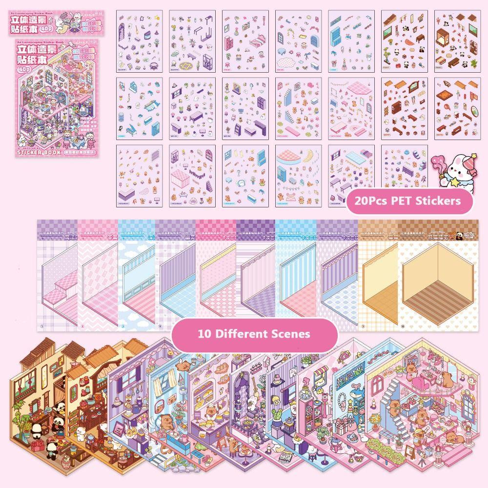 Cartoon Cabin Scene Pocket Sticker DIY Sticker Cabin Scene Creative Miniature Scene Book  for Kid