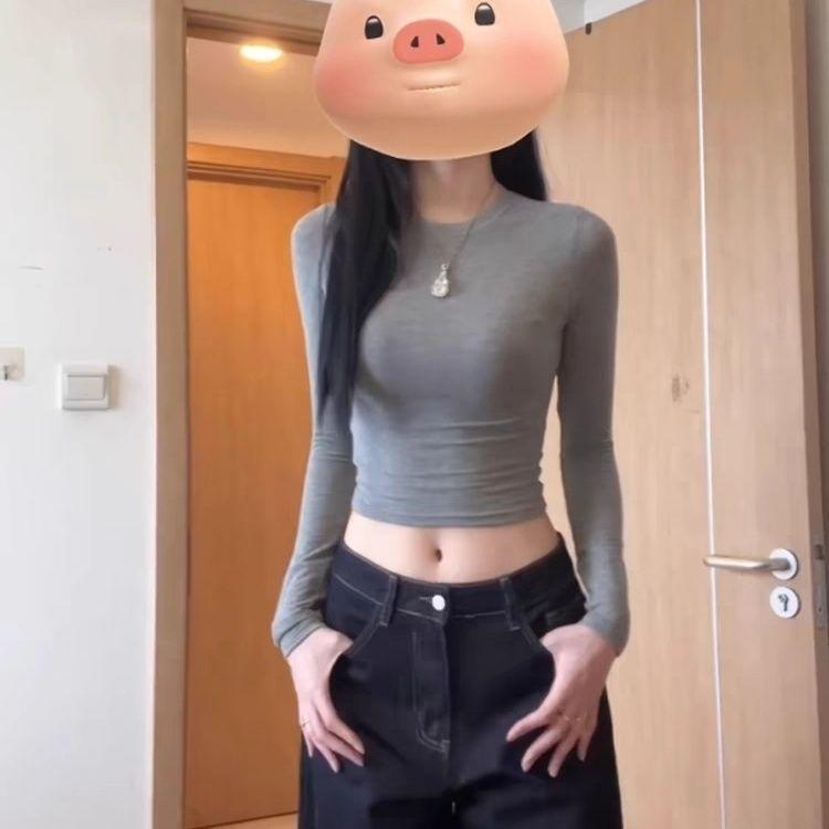 

Women s Long Sleeve Slimming Short Shirt - Tight-Fitting Sweet & Spicy Style for Early Autumn S [Recommended 80-90 Jin]