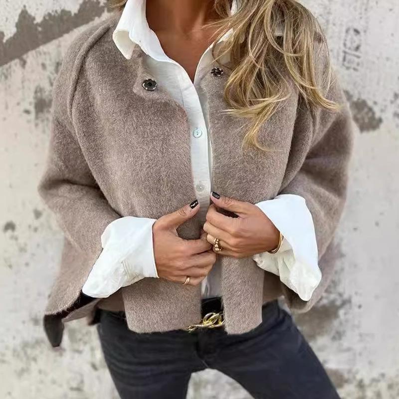 Dámský vlněný kabát z umělého kašmíru - Podzim/Zima, Volný krátký střih, Dlouhé rukávy