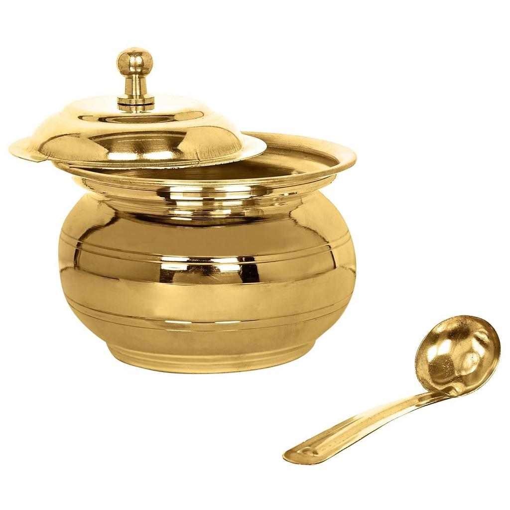 Golden Brass Multipurpose Ghee Pot/Pickle Container 400 ML with Embossed Designer Spoon …