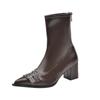 2025 Autumn and Winter Pointed Belt Buckle Thick Heel Short Boots Women's European and American Style High Heel Rear Zipper Super Soft Leathe