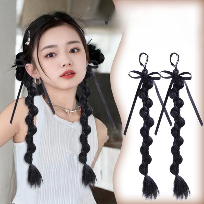 2 Pcs Korean Style Hair Ties for Kids Girls Ponytails Wig Braids with Edgy Bows Children Twist Braids Elastic Hair Accessories