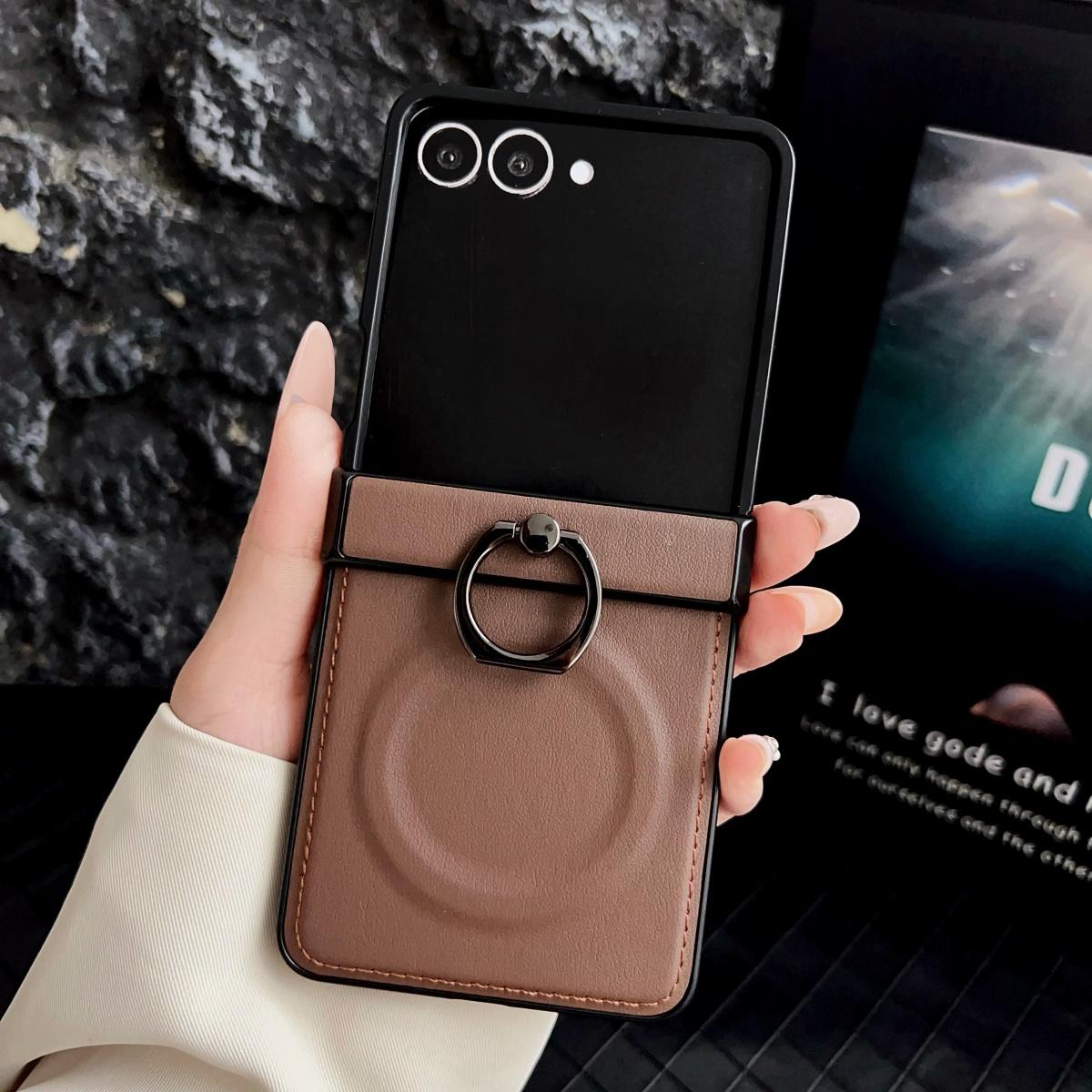 

Leather Grip Ring Stand Magnetic For Magsafe Case For Samsung ZFlip 7 6 5 4 3 Finger Buckle Bracket Central Axis Protect Cover For Galaxy Z Flip6