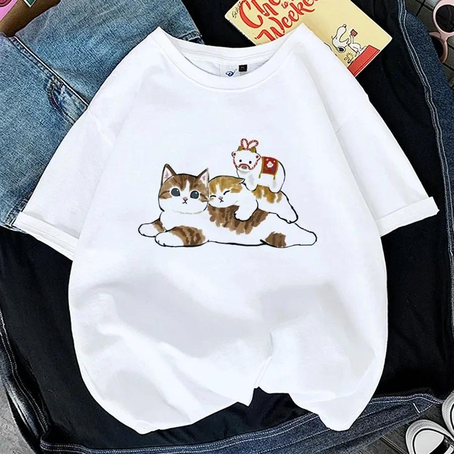 Kawaii Cat WoPrint T-shirt Girl Animal Y2K Fashion 90S Harajuku Print Tops Tee Gril Black White Summer Clothes Tshirts