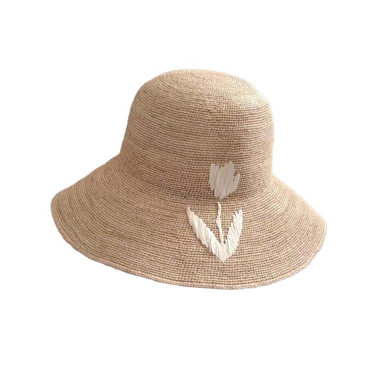 

Lady Fine Braid Raffia Grass Hand Woven Embroidery Tulip Sun Wide Brim Foldable Bucket Straw Hat adult size 56-58cm природний