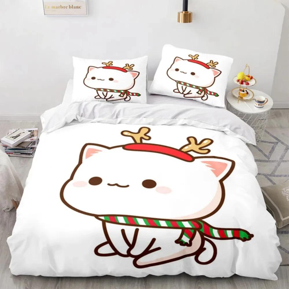 3D Cartoon Lovely Peach Cat Bedding Set Boys Girls Twin Queen Size Duvet Cover Pillowcase Bed Kids Adult Fashion Home Textiles