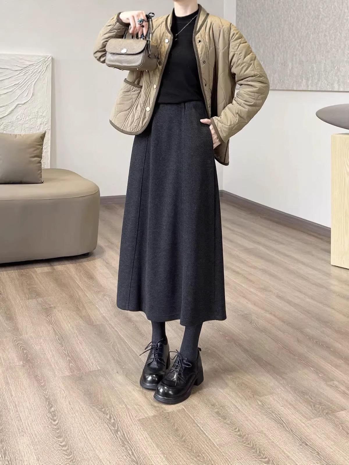 1180 Women s Black & Grey Wool Tulip Skirt, High-Waist, Slimming & Thickened Mid-Length S (Skirt Length 85-100 cm)